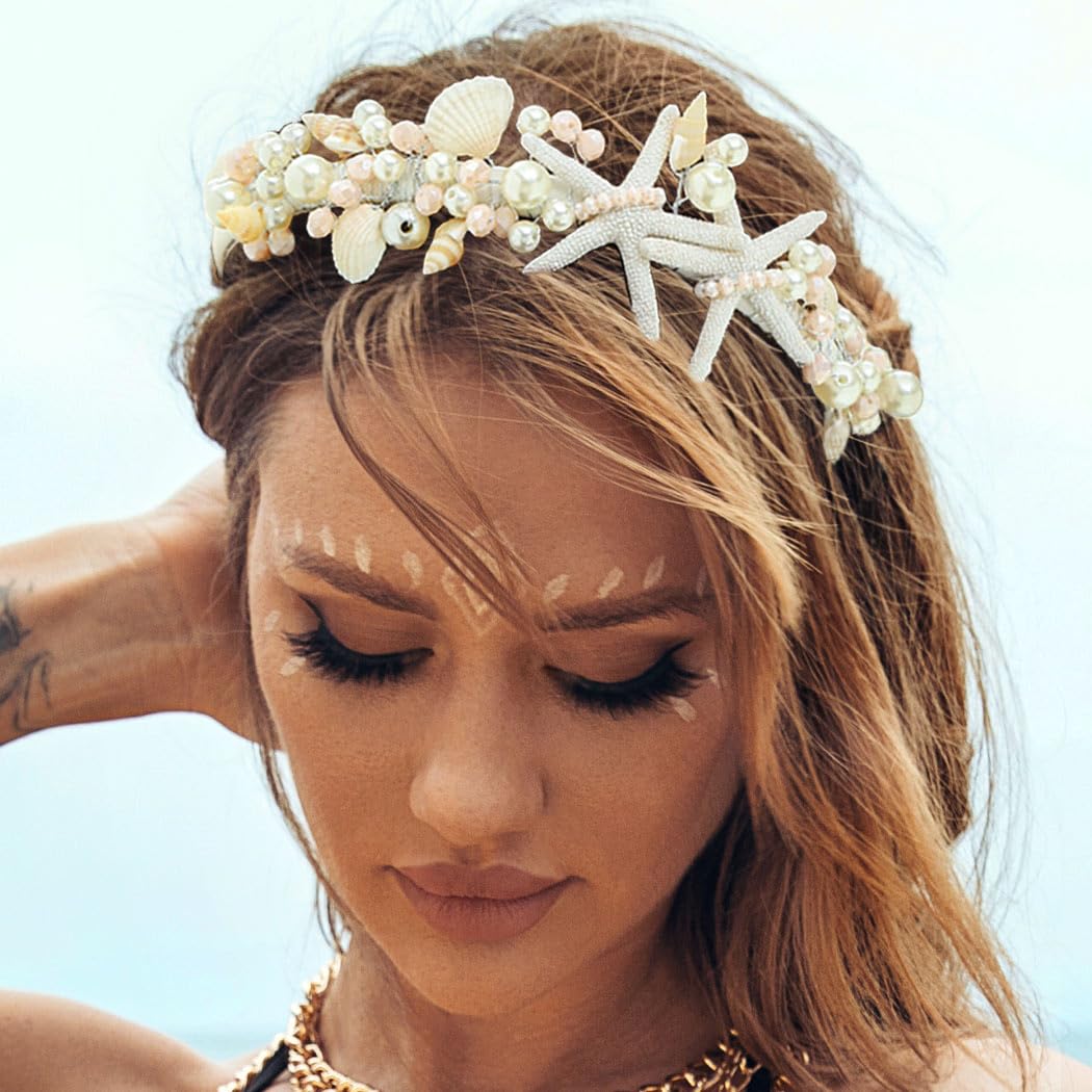 Brishow mermaid headband front view shows starfish and pearls for bridal sparkle