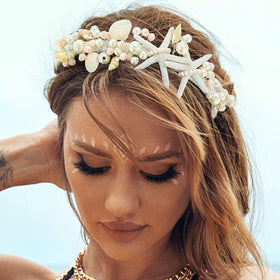 Brishow mermaid headband front view shows starfish and pearls for bridal sparkle