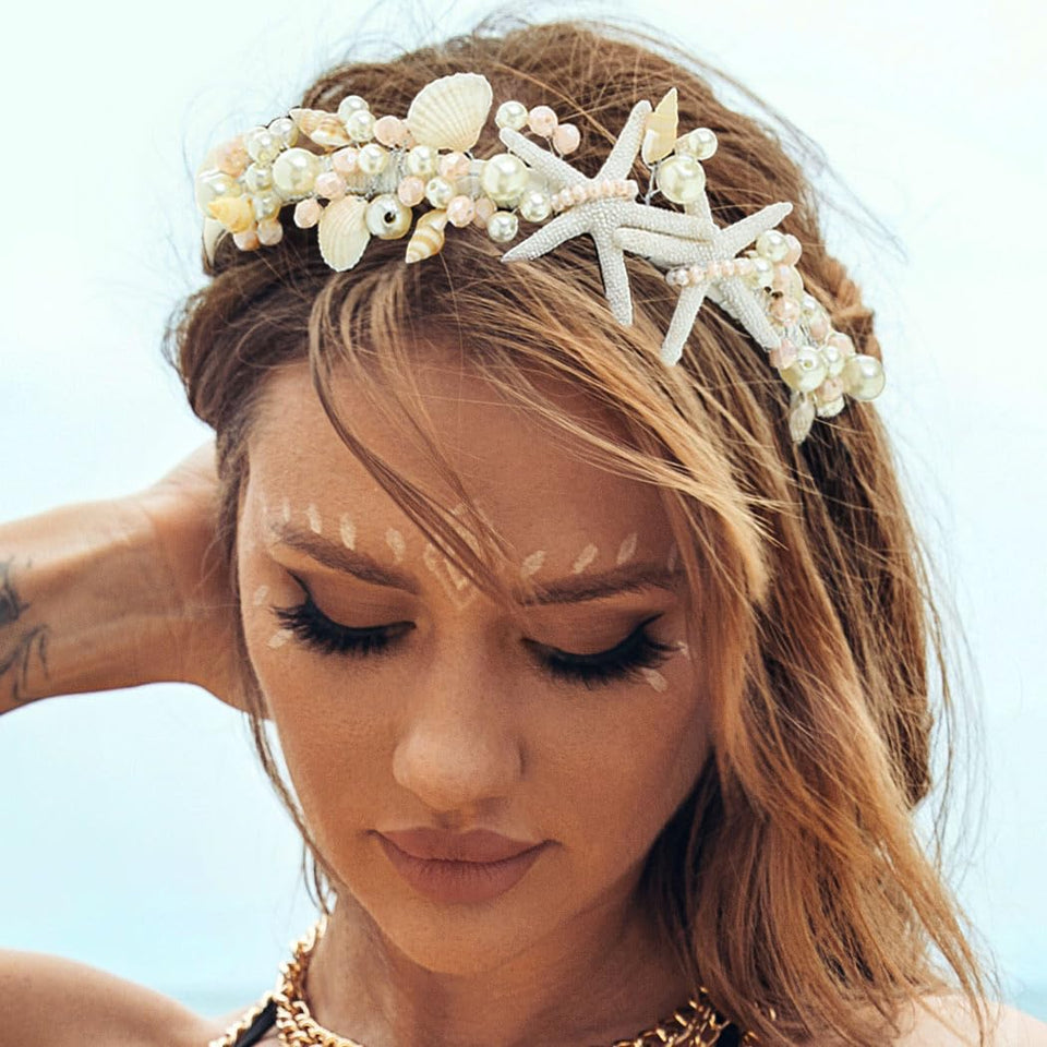 Brishow mermaid headband front view shows starfish and pearls for bridal sparkle