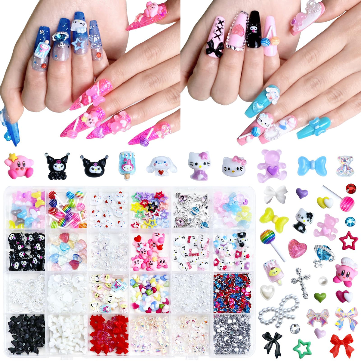 Briskbloom front view box showing colorful mixed 3D nail charms and organized grid, easy storage benefit