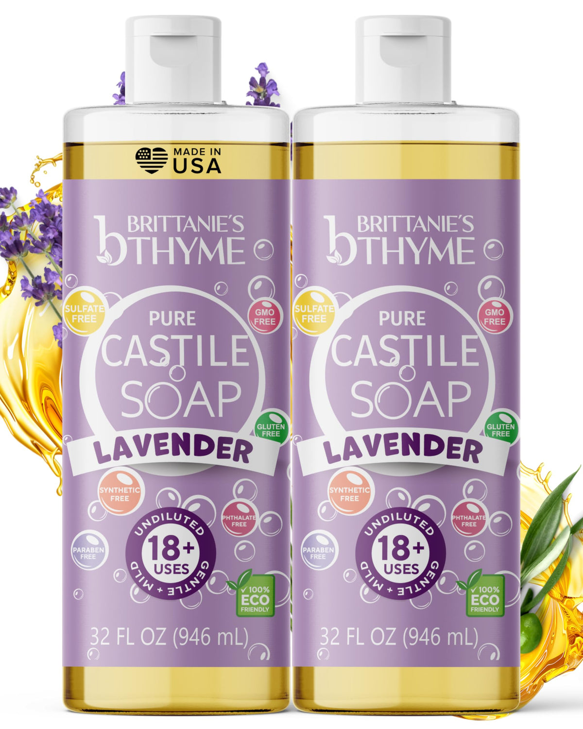 Brittanie's Thyme front packaging lavender showing two 32 oz bottles and eco refill benefit