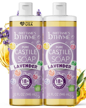 Brittanie's Thyme front packaging lavender showing two 32 oz bottles and eco refill benefit