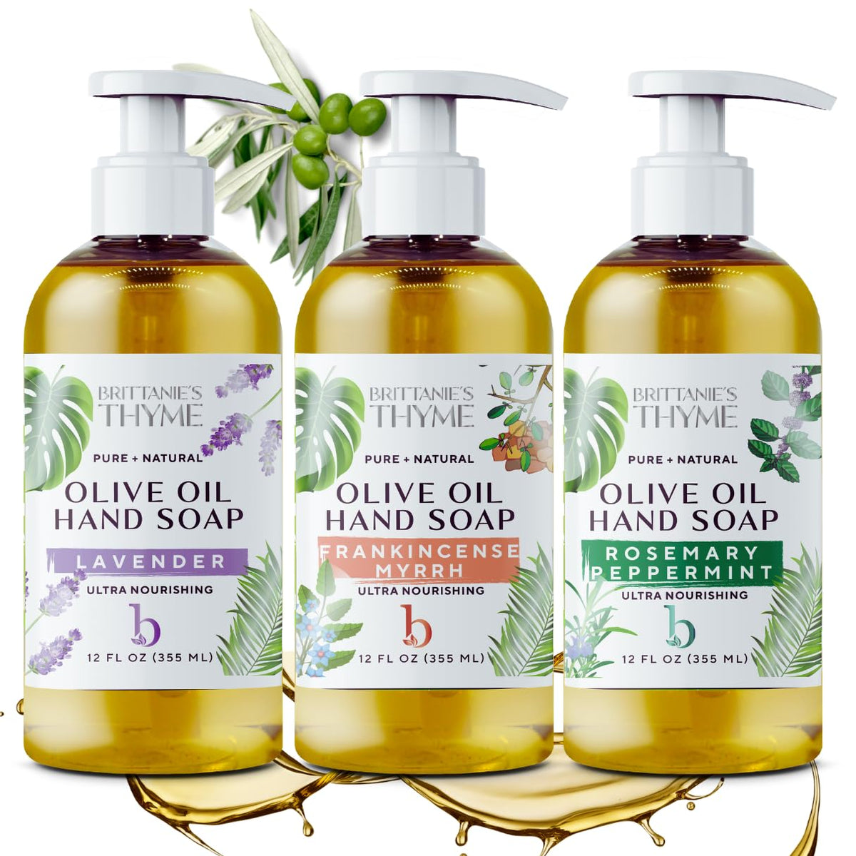 Brittanie's Thyme front packaging showing bottle and natural soap benefits