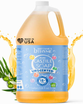 Brittanie's Thyme one-gallon front label showing organic Castile soap benefits