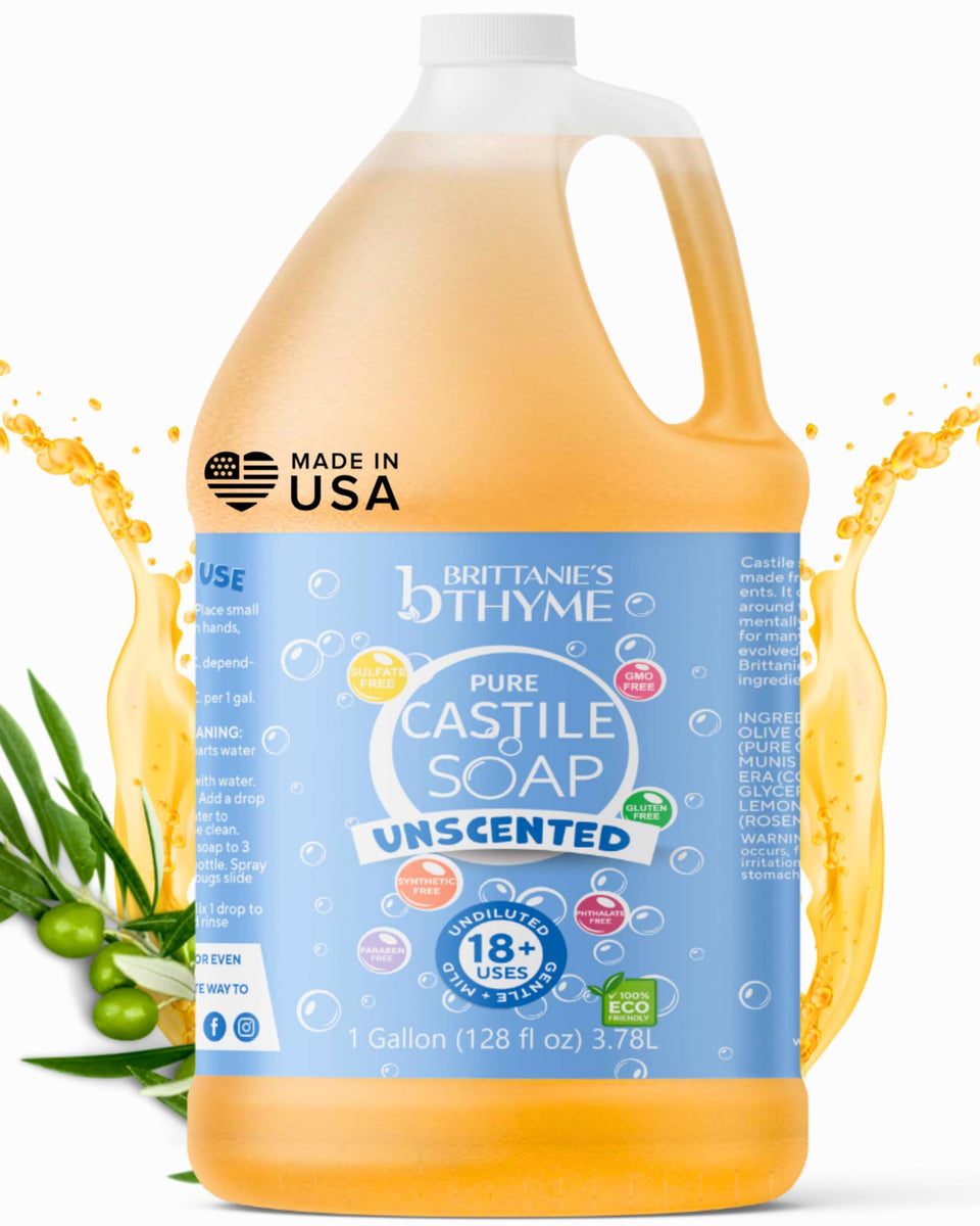 Brittanie's Thyme one-gallon front label showing organic Castile soap benefits