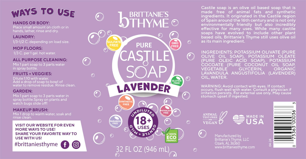 Brittanie's Thyme label closeup listing olive oil, coconut oil and vitamins A and E benefits