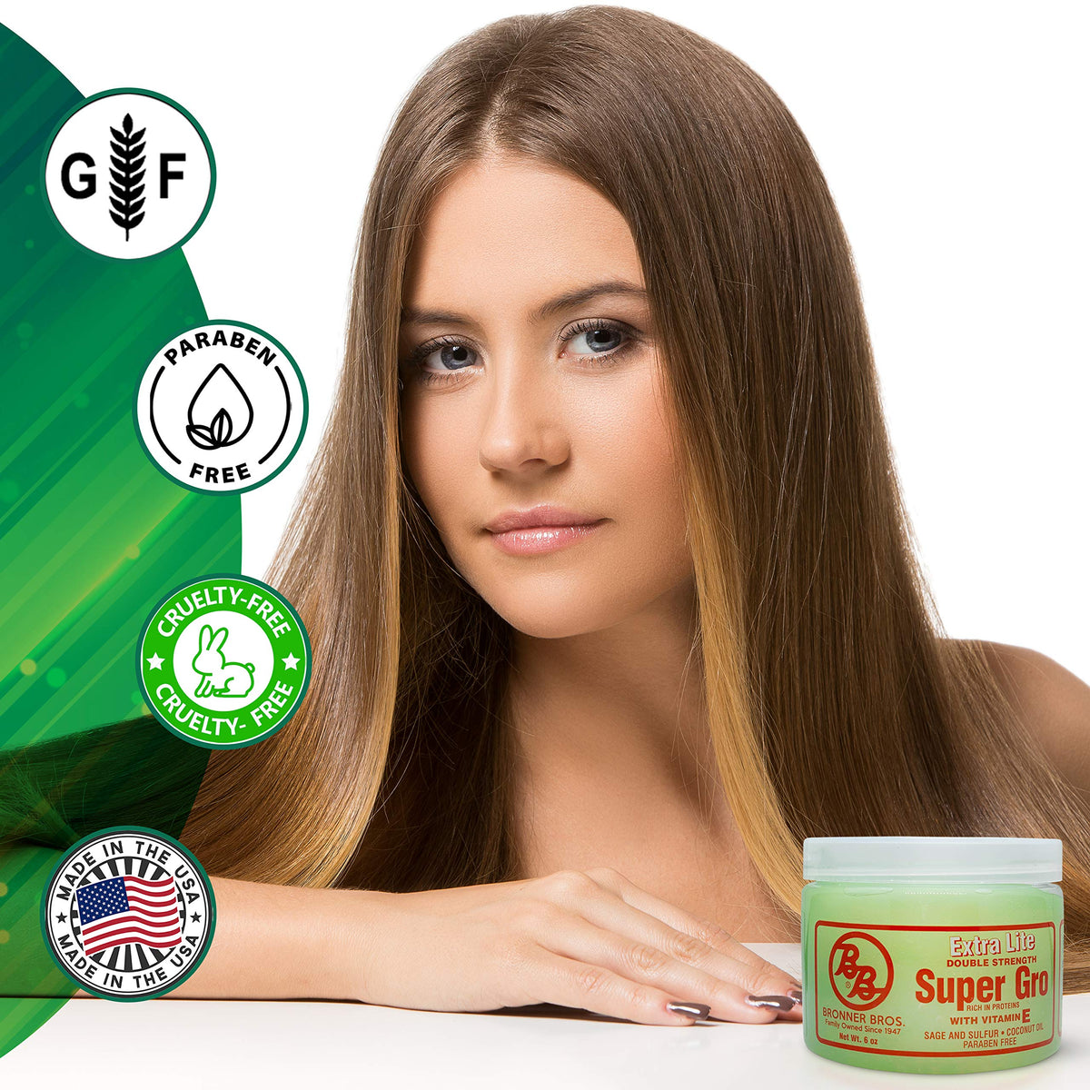 Bronner Bros BB Super Gro on bathroom shelf in lifestyle shot illustrating daily routine benefit