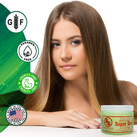 Bronner Bros BB Super Gro on bathroom shelf in lifestyle shot illustrating daily routine benefit