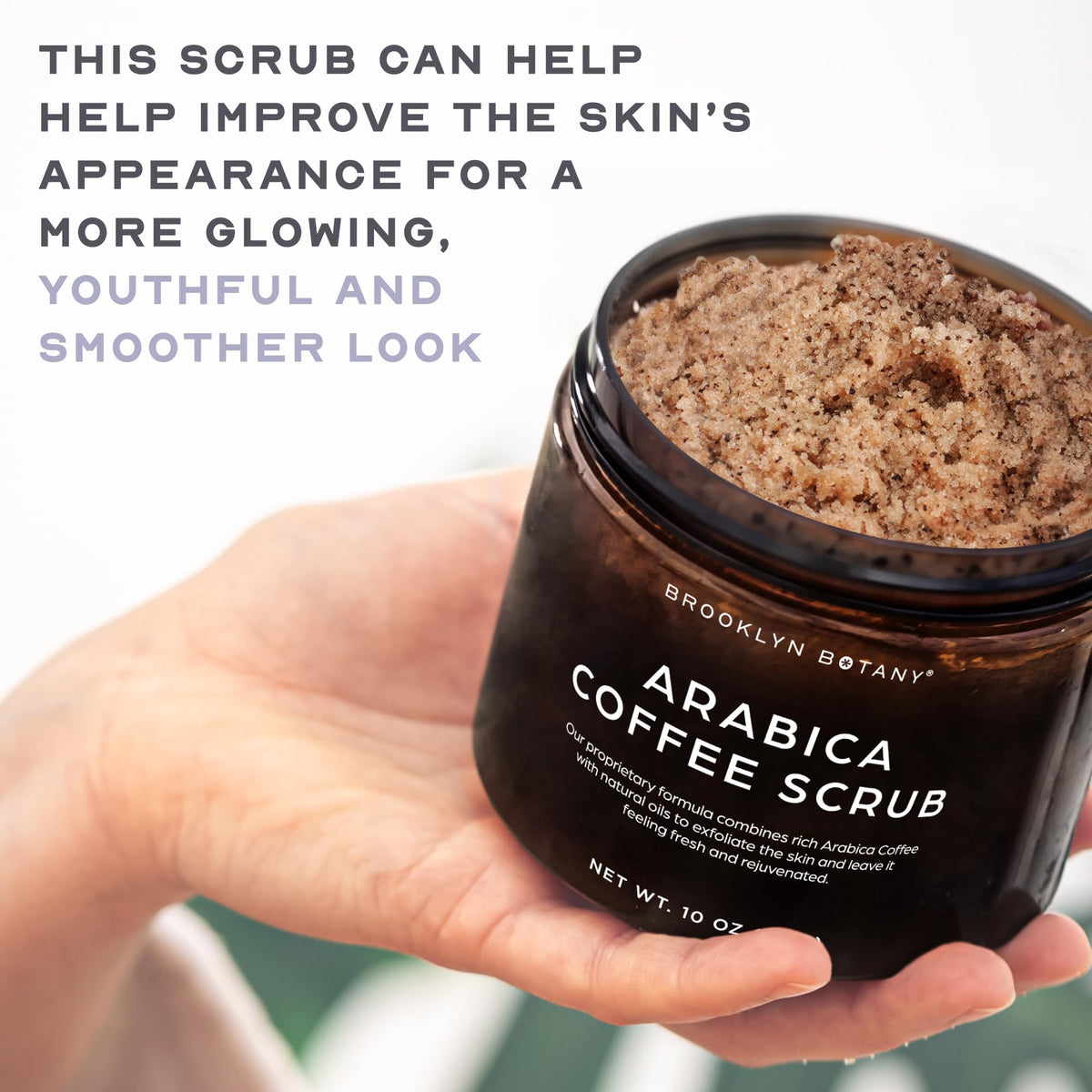 Brooklyn Botany scrub in hand demonstrating gritty exfoliation and moisturization