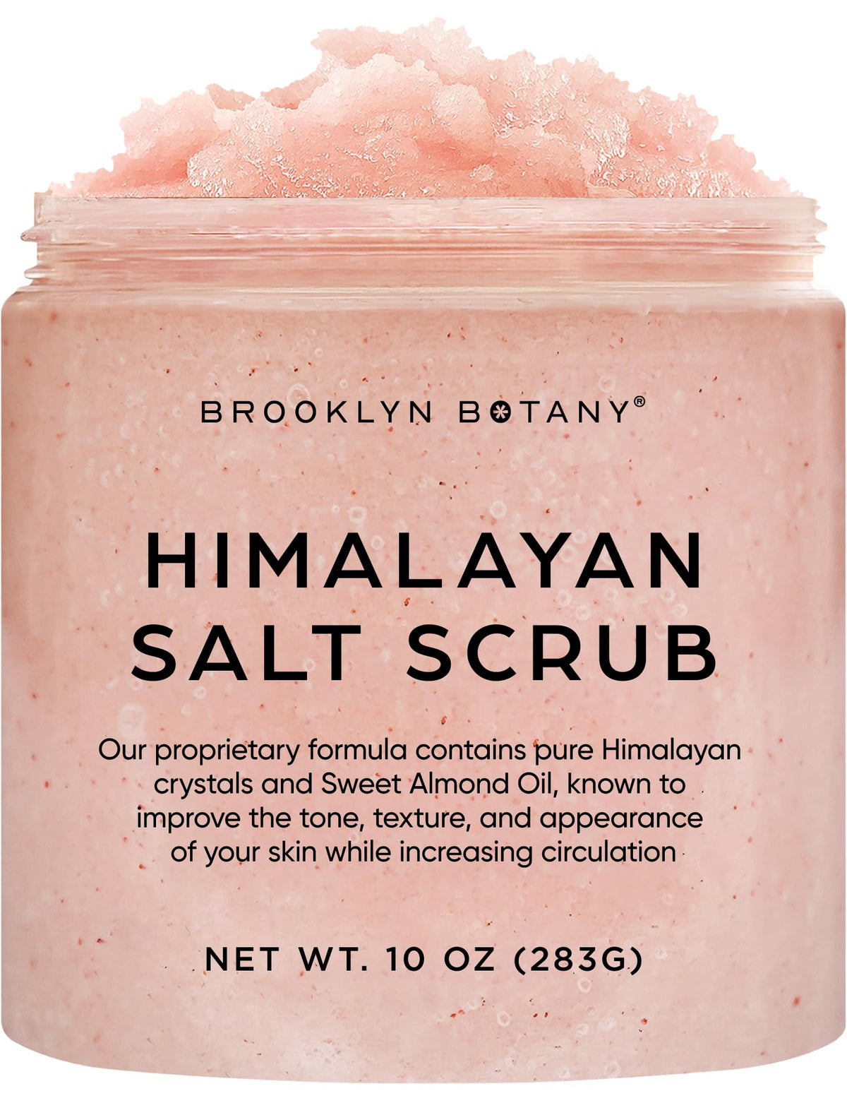Brooklyn Botany front jar showing Himalayan salt scrub packaging and clear benefit