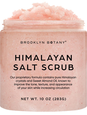 Brooklyn Botany front jar showing Himalayan salt scrub packaging and clear benefit