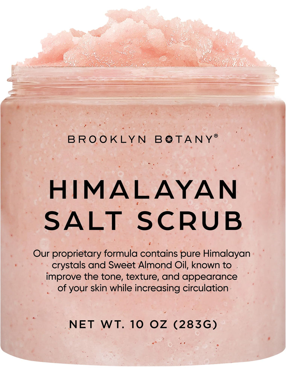 Brooklyn Botany front jar showing Himalayan salt scrub packaging and clear benefit