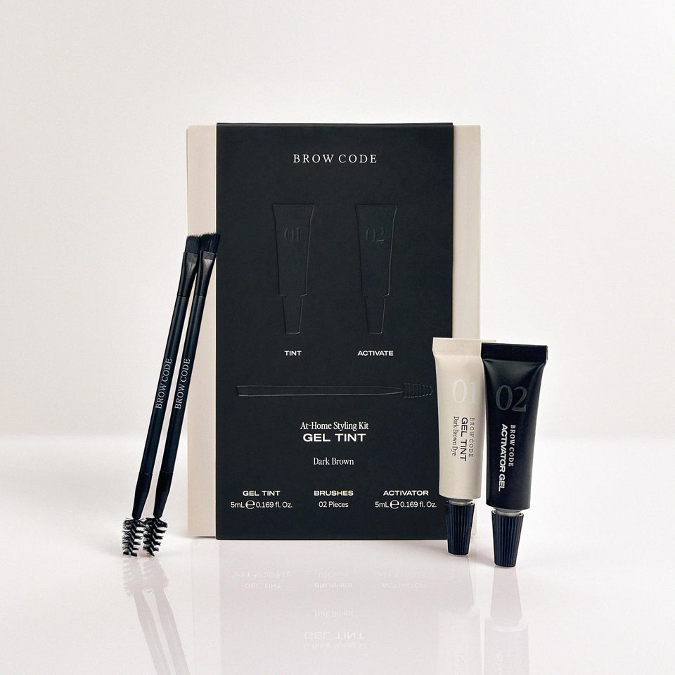 Brow Code front packaging shows kit and benefits for easy at-home tinting