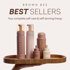Brown Bee on bathroom vanity for daily skincare and tanning routine