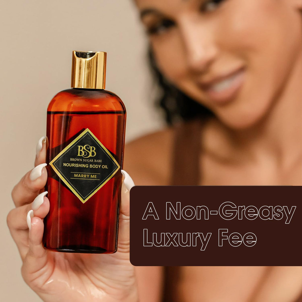 Brown Sugar Babe size comparison with hand showing portable bottle and travel-friendly benefit