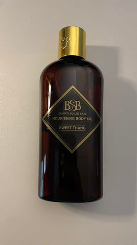 Brown Sugar Babe bottle on bathroom shelf suggesting daily skincare ritual