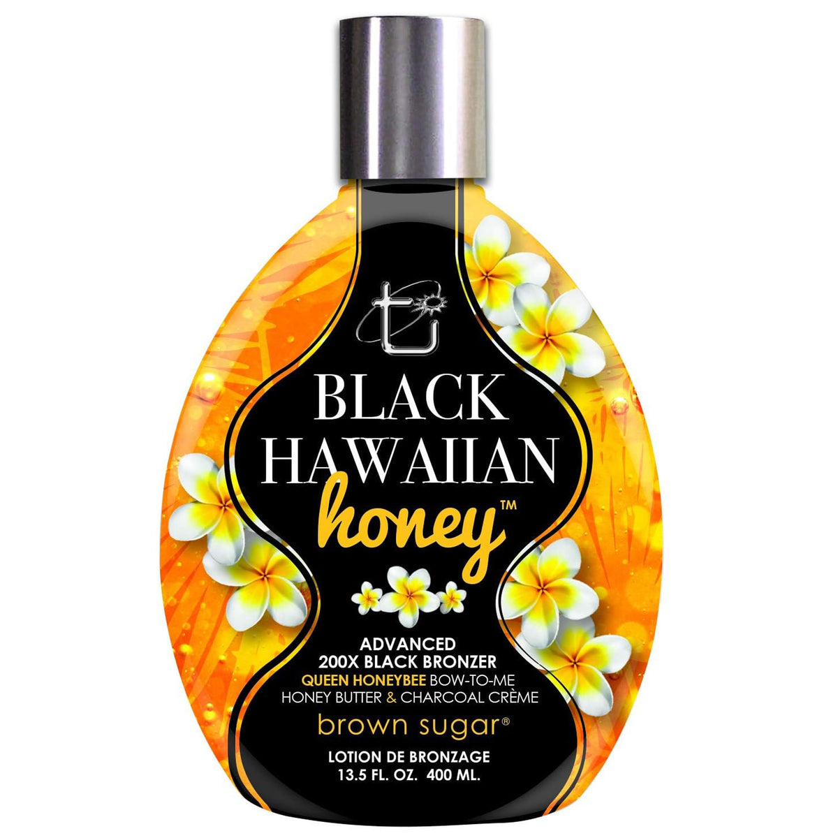 Brown Sugar front bottle showing label and tropical bronzer benefits