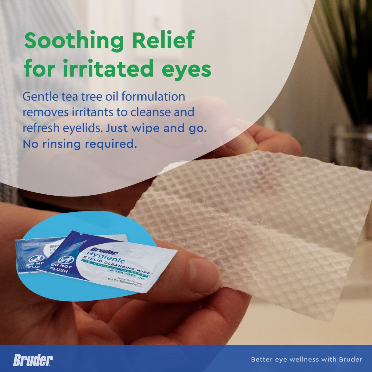 Bruder wipes used during travel, demonstrating portability and quick rinse-free eyelid cleansing