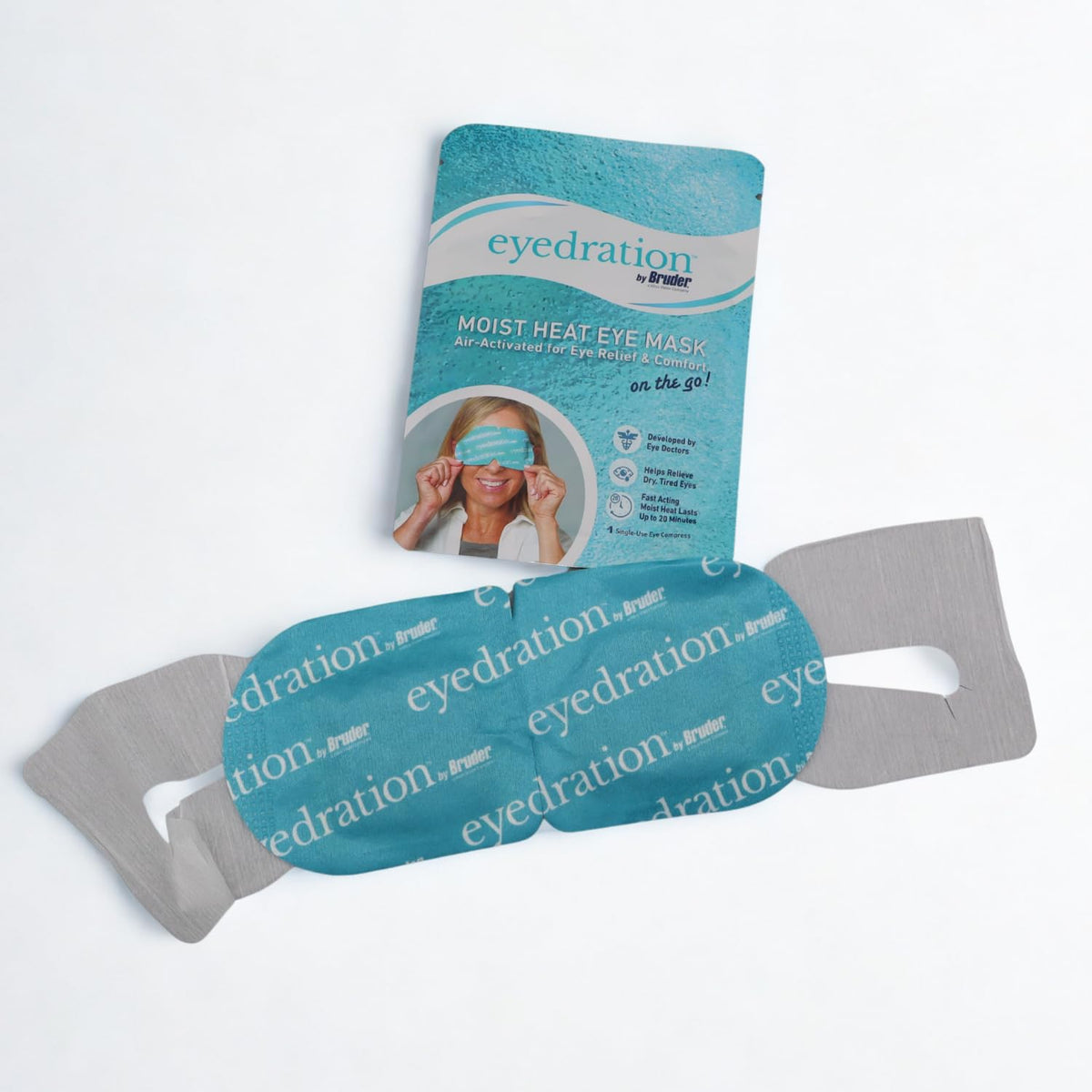 Bruder steam eye mask in use on closed eyes demonstrating soothing warmth