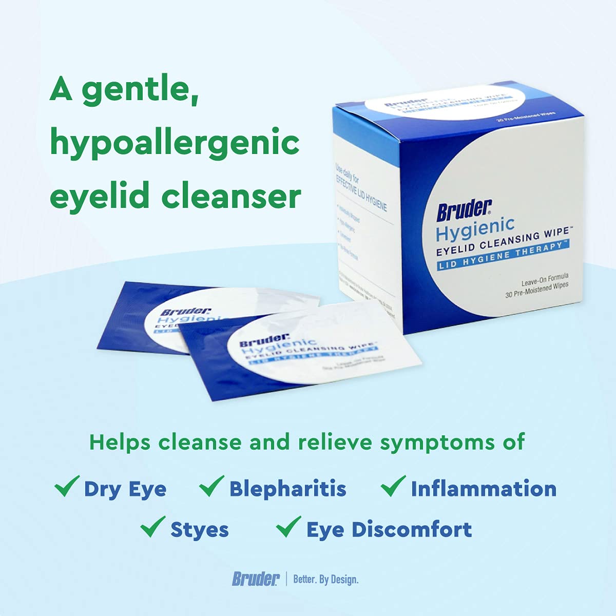 bruder wipe in use on closed eye illustrating safe, no-rinse eyelid cleaning
