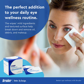 Bruder wipe in use on closed eye demonstrating safe, rinse-free convenience