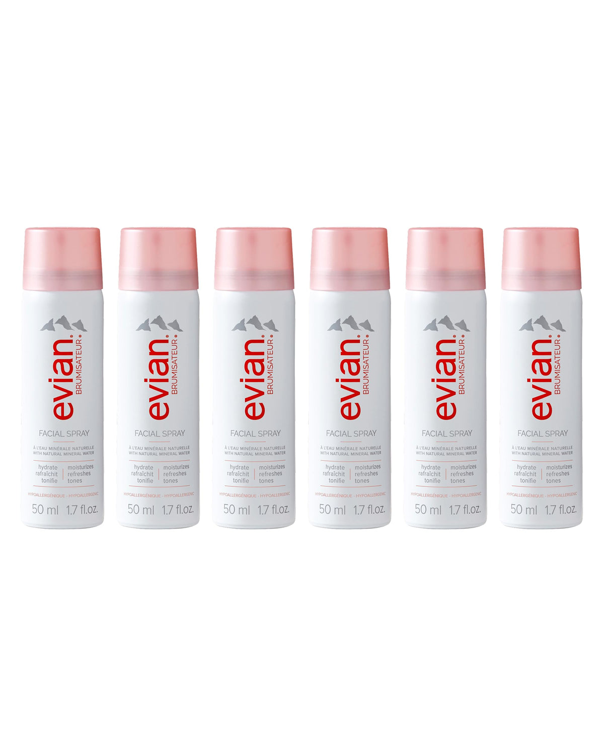 BRUMISATEUR Evian front packaging showing compact travel cans and benefits