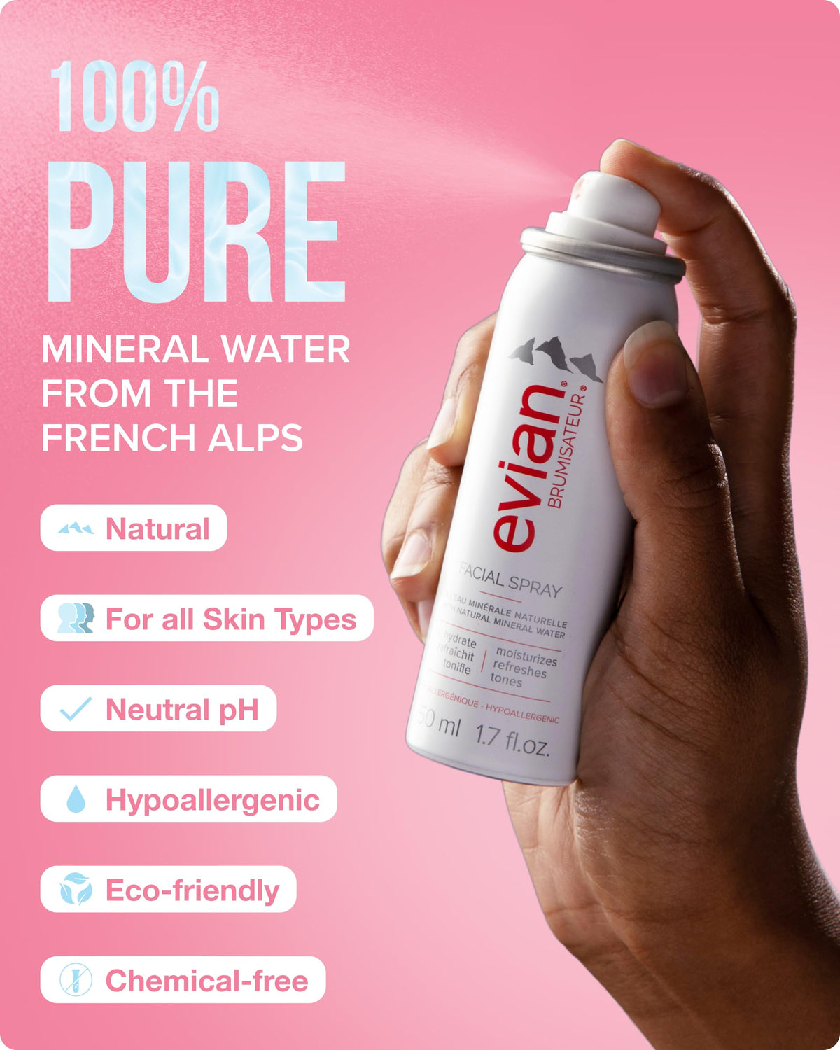 BRUMISATEUR Evian held in hand showing travel-friendly 1.7 oz size