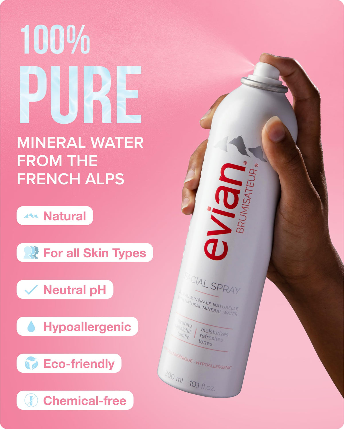 BRUMISATEUR Evian in hand for size comparison showing long-lasting bottle benefit