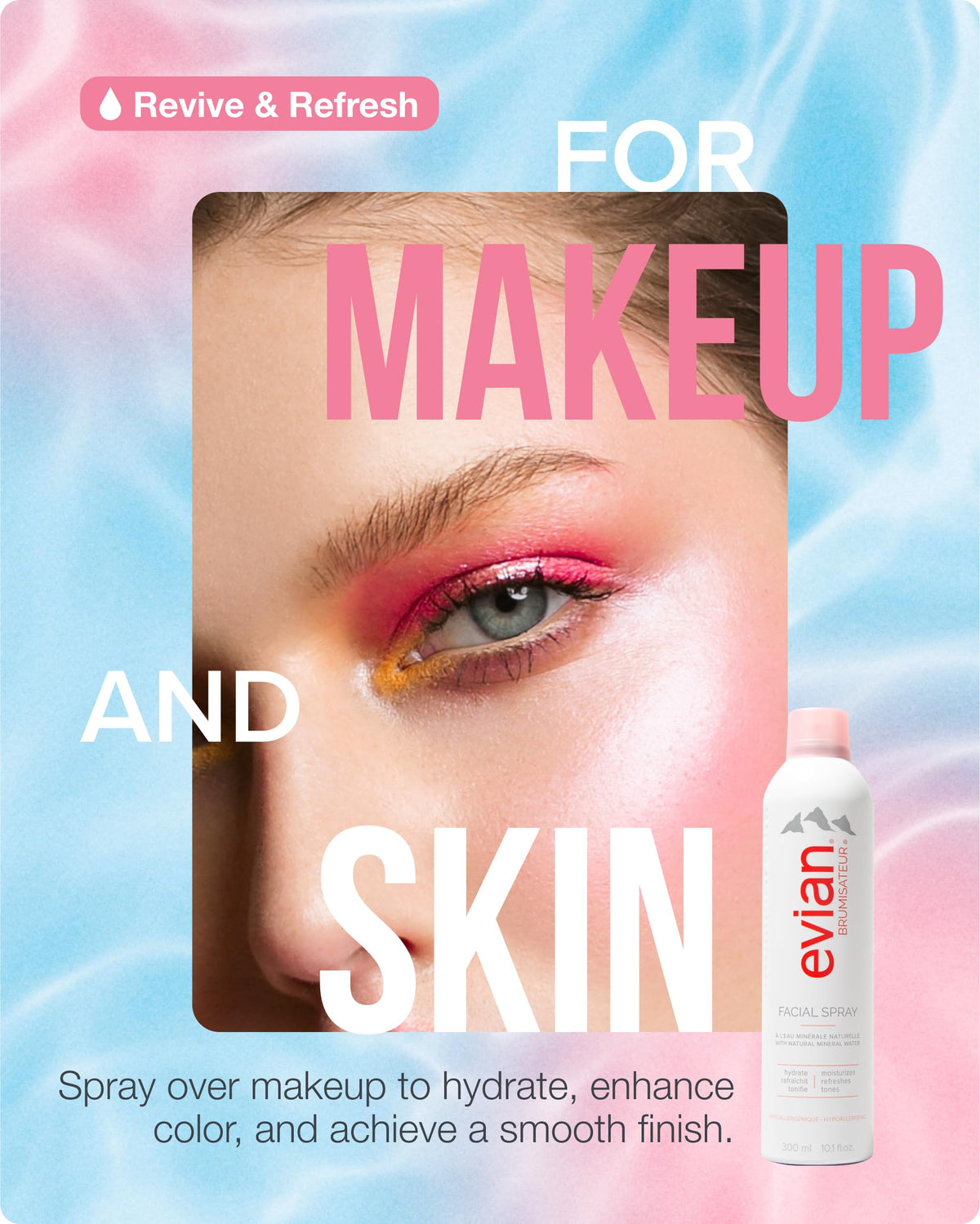 BRUMISATEUR Evian water droplets on skin showing lightweight hydration benefit