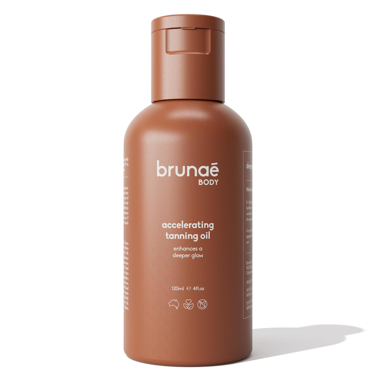 Brunae Body front bottle view showing sleek label and tanning oil benefits