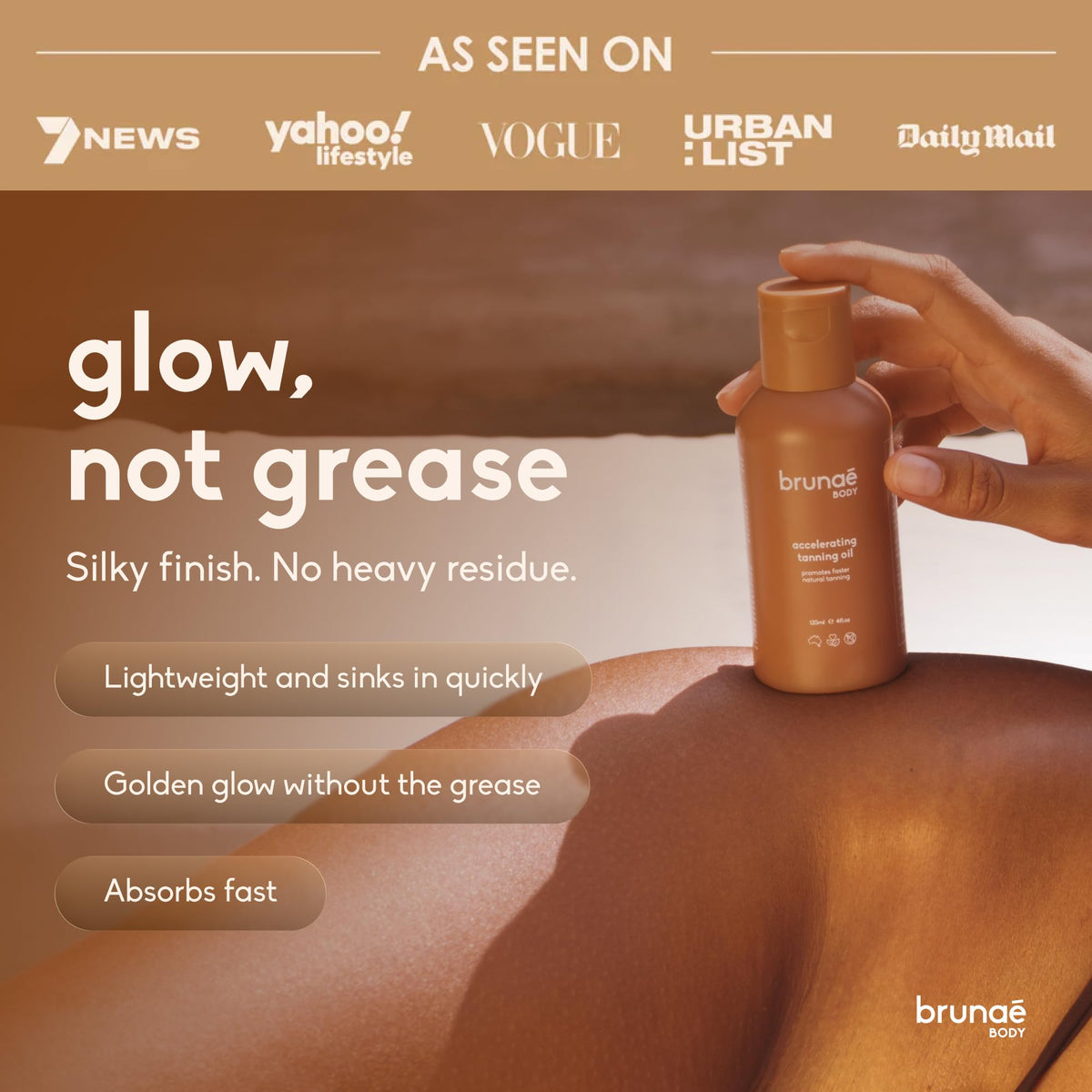 Brunae Body used at beach illustrating moisturized skin during sun session