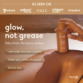 Brunae Body used at beach illustrating moisturized skin during sun session