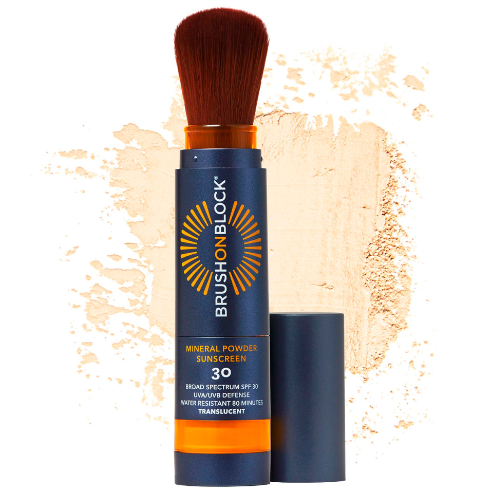 Brush On Block front packaging showing compact sunscreen brush and benefits