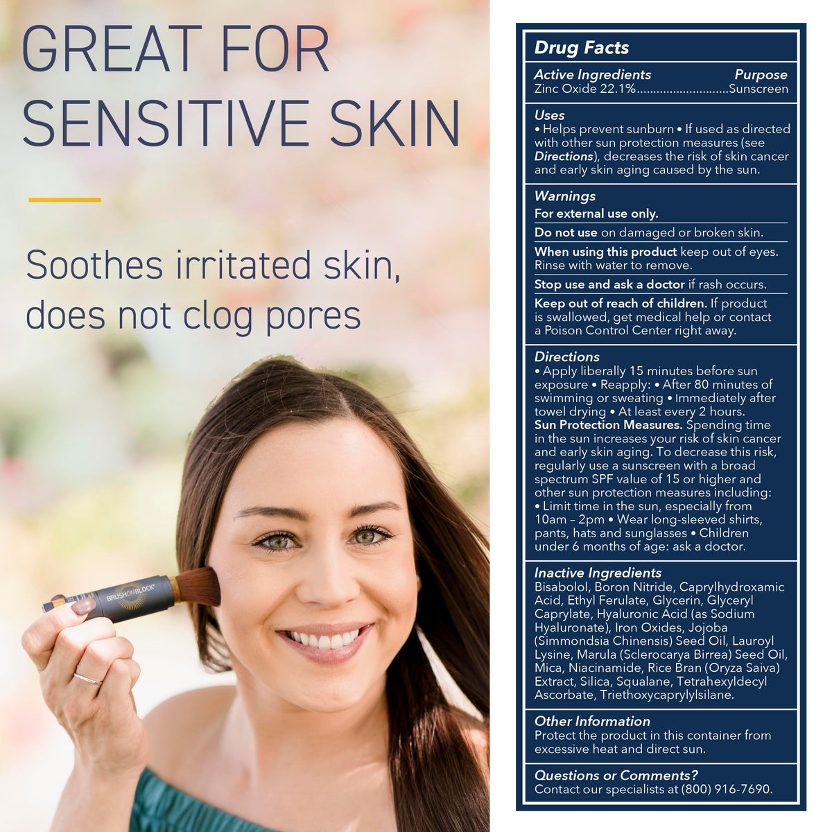Brush On Block ingredient label showing zinc oxide and skincare actives