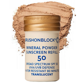 Brush On Block refill pouch front showing packaging and eco benefit