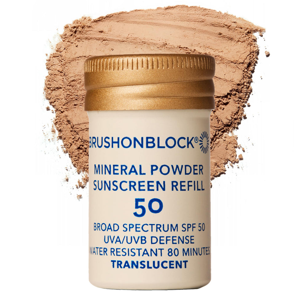 Brush On Block refill pouch front showing packaging and eco benefit