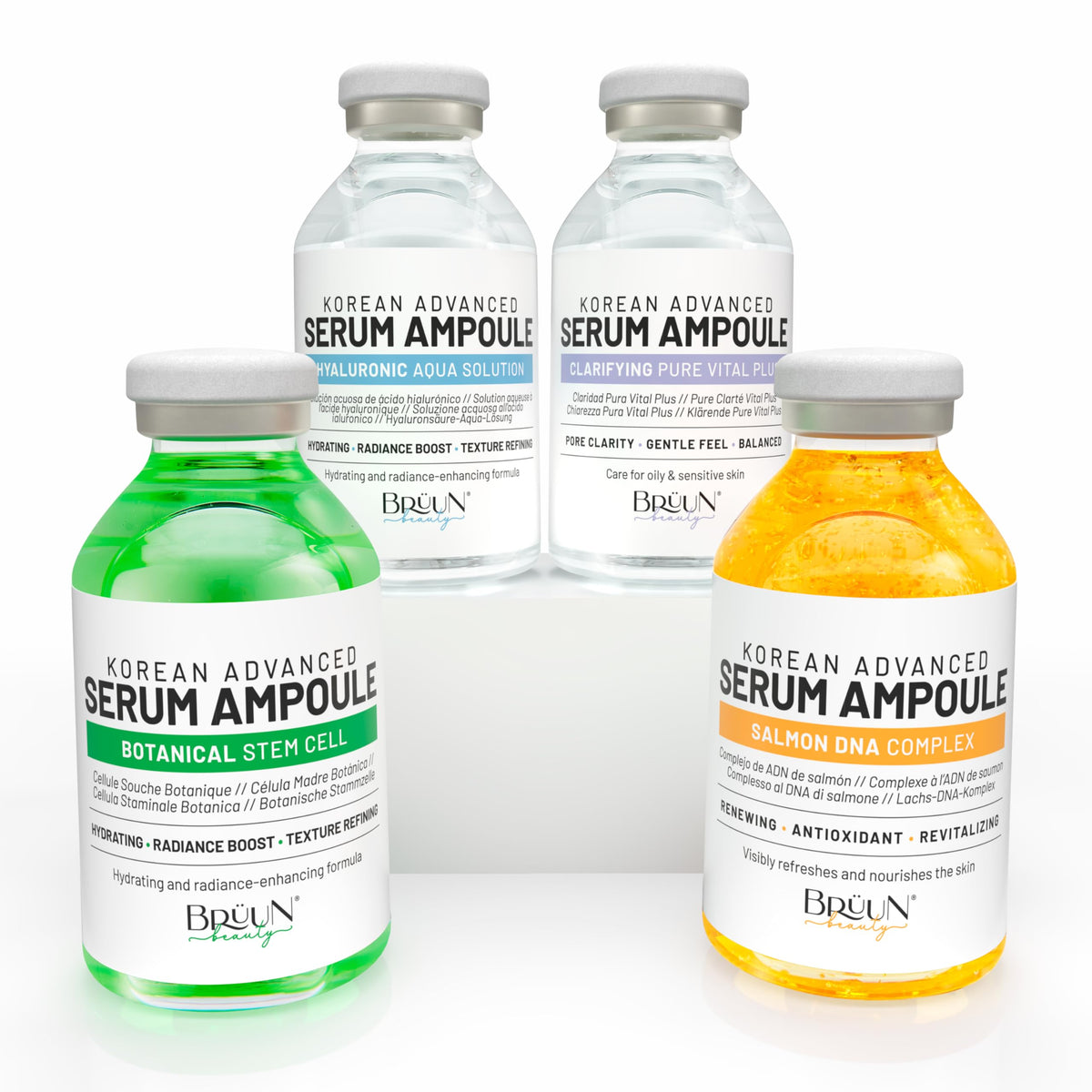 BRÜUN kit front packaging showing four labeled ampoules and benefits