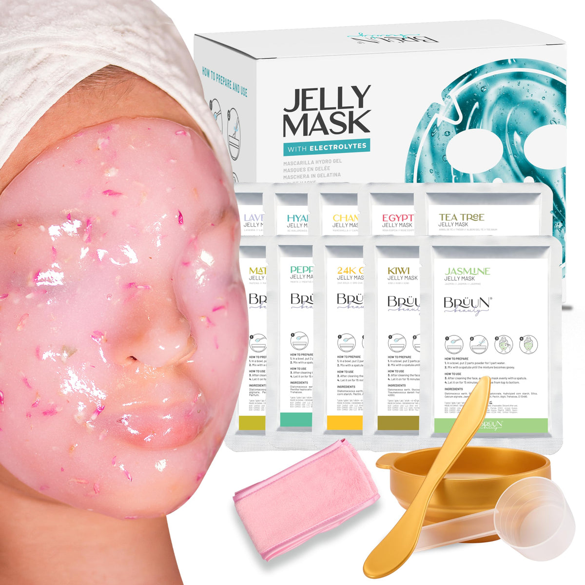 BRÜUN front packaging showing set and included tools for at-home spa benefits