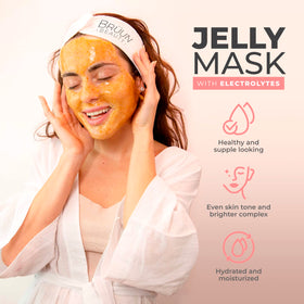 BRÜUN model wearing full-face rubber mask showing complete coverage advantage