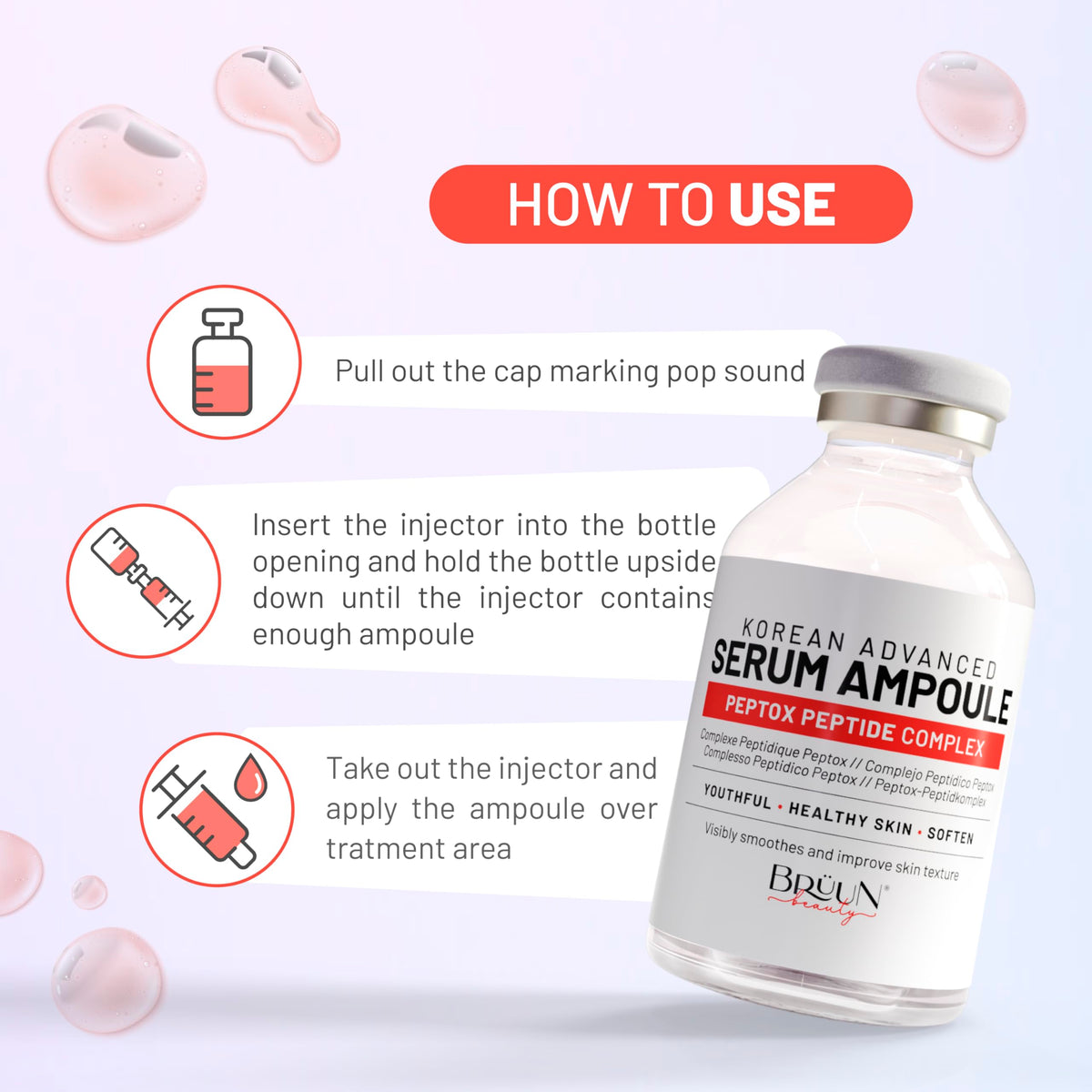 BRÜUN pipette dispensing serum onto skin for precise, hygienic use