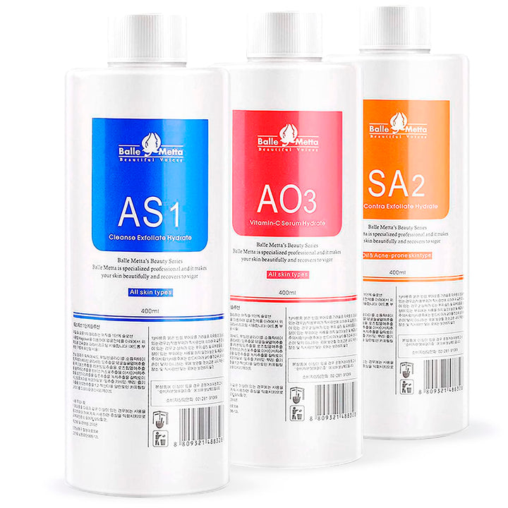 BRÜUN three 400ml serum bottles front view showing complete skincare set and clear labeling