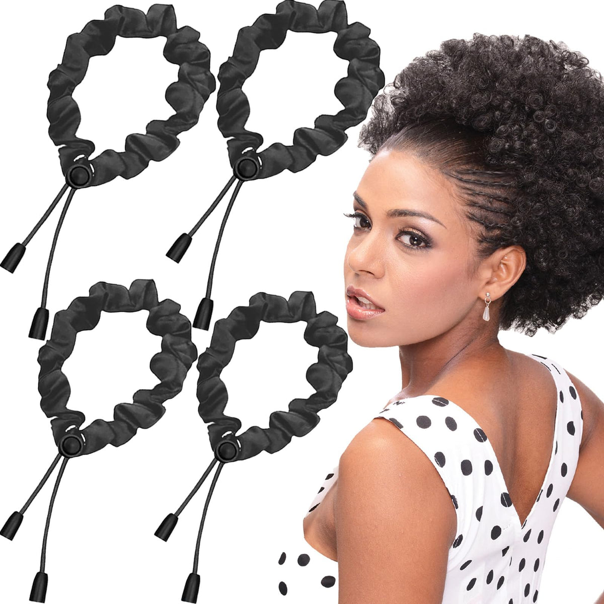 Bswox front packaging showing four black and brown satin scrunchies with gentle hold