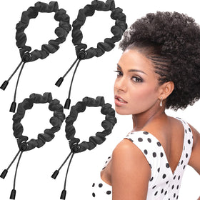 Bswox front packaging showing four black and brown satin scrunchies with gentle hold