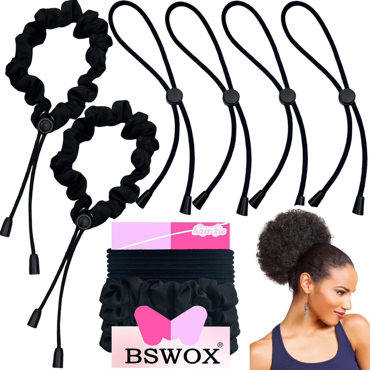 Bswox front view of six satin hair ties showing style and benefits of gentle hold