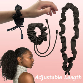 Bswox scrunchie beside a hand for size comparison showing compact durability