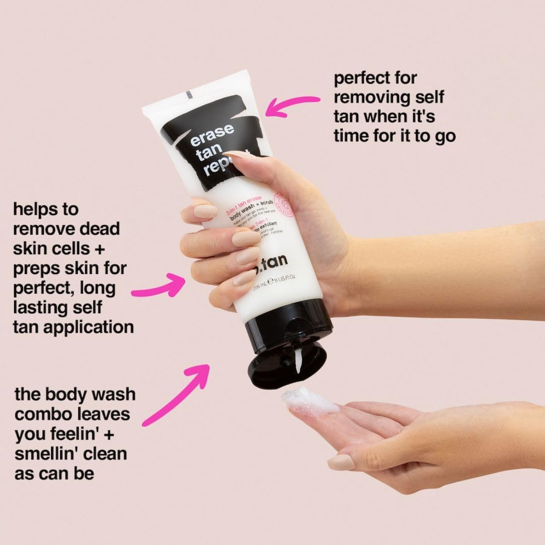 B.TAN being applied in shower showing hands massaging product to lift old tan