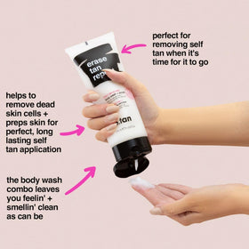 B.TAN being applied in shower showing hands massaging product to lift old tan
