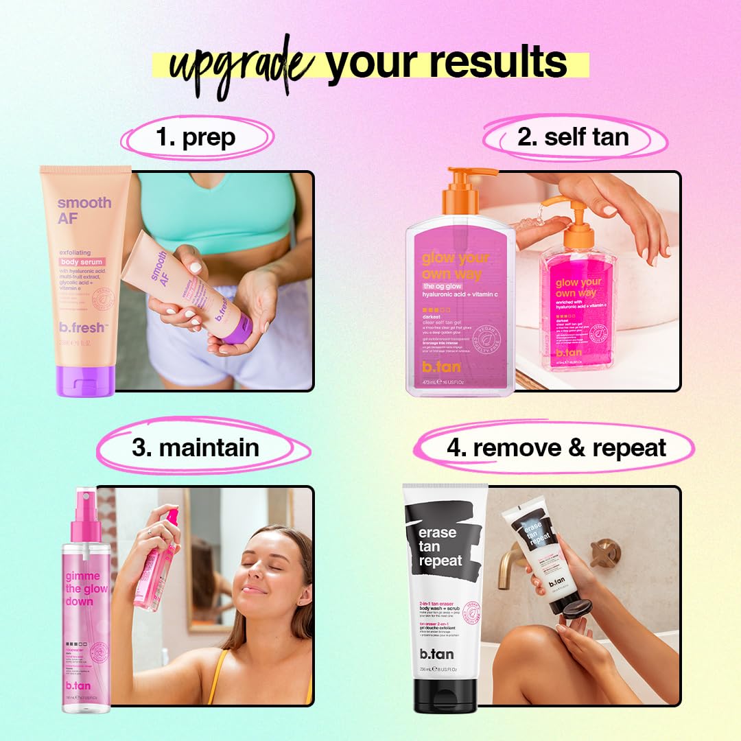 B.TAN application mitt smoothing gel on arm for consistent, streak-free finish