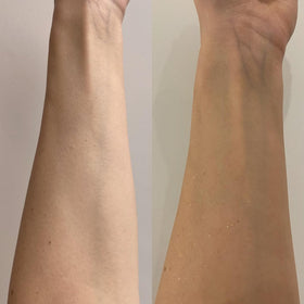 B.TAN application on forearm showing even spread and buildable color benefit