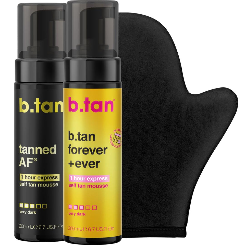 B.TAN front packaging showing dual mousse bottles and mitt, clear product benefit
